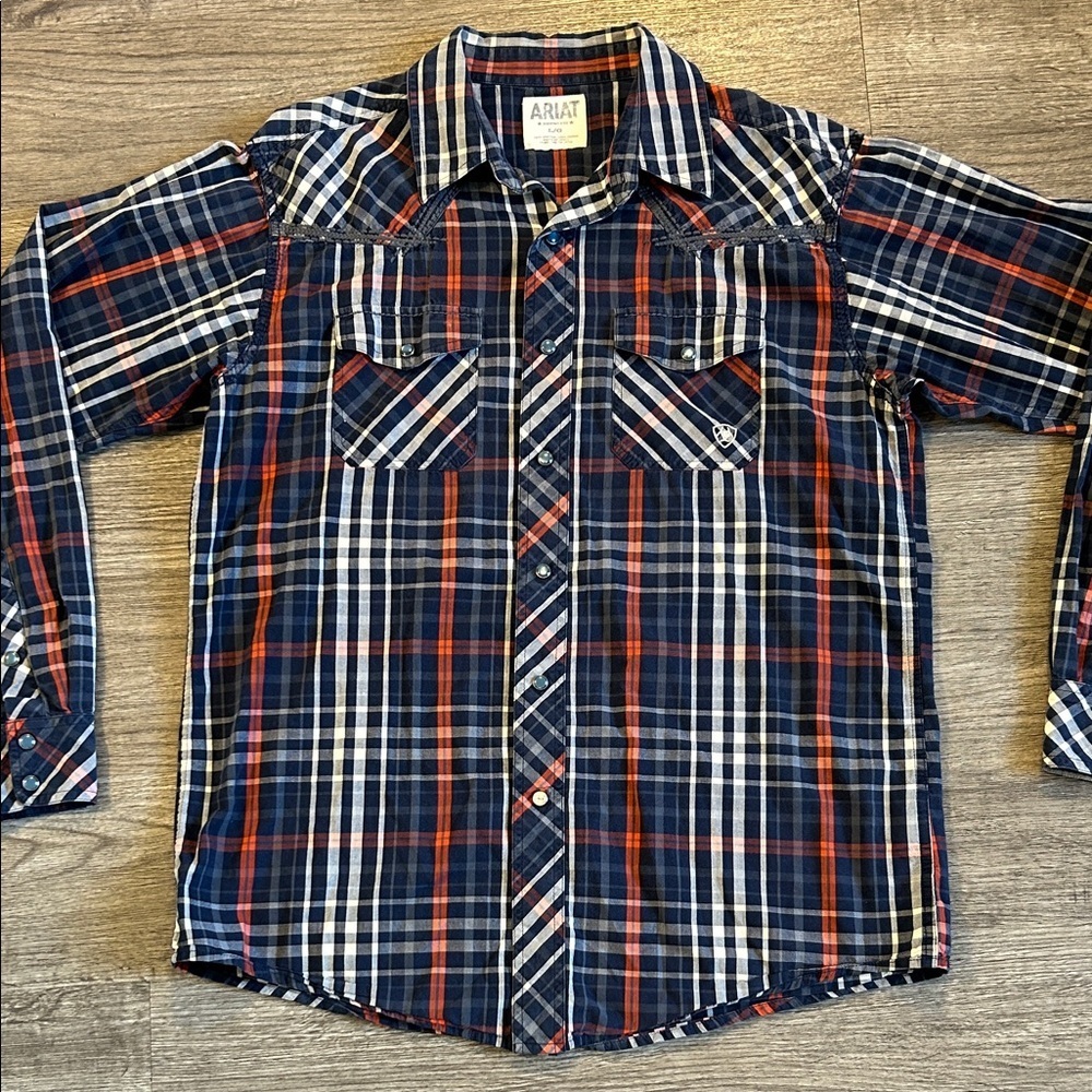Ariat Pro Series Plaid Western Snap Shirt Mens Large Navy Red Pearl Snap - Picture 2 of 11